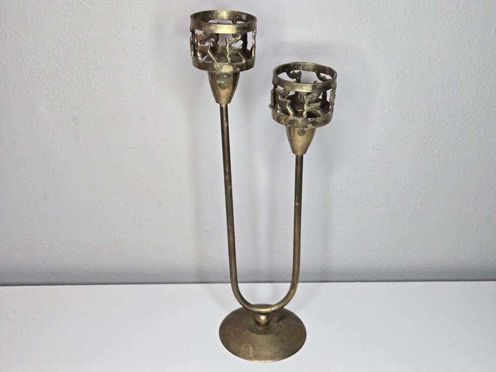 Vintage Brass Reindeer Double Tealight or Taper Candle Holder Christmas Decor